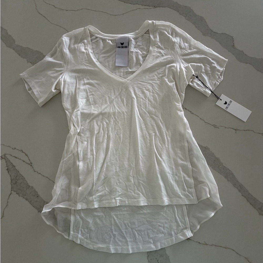 Chu Chu Loo Womens White Silk Blend Sheer Panel V-Neck High Low Tee Shirt M NEW